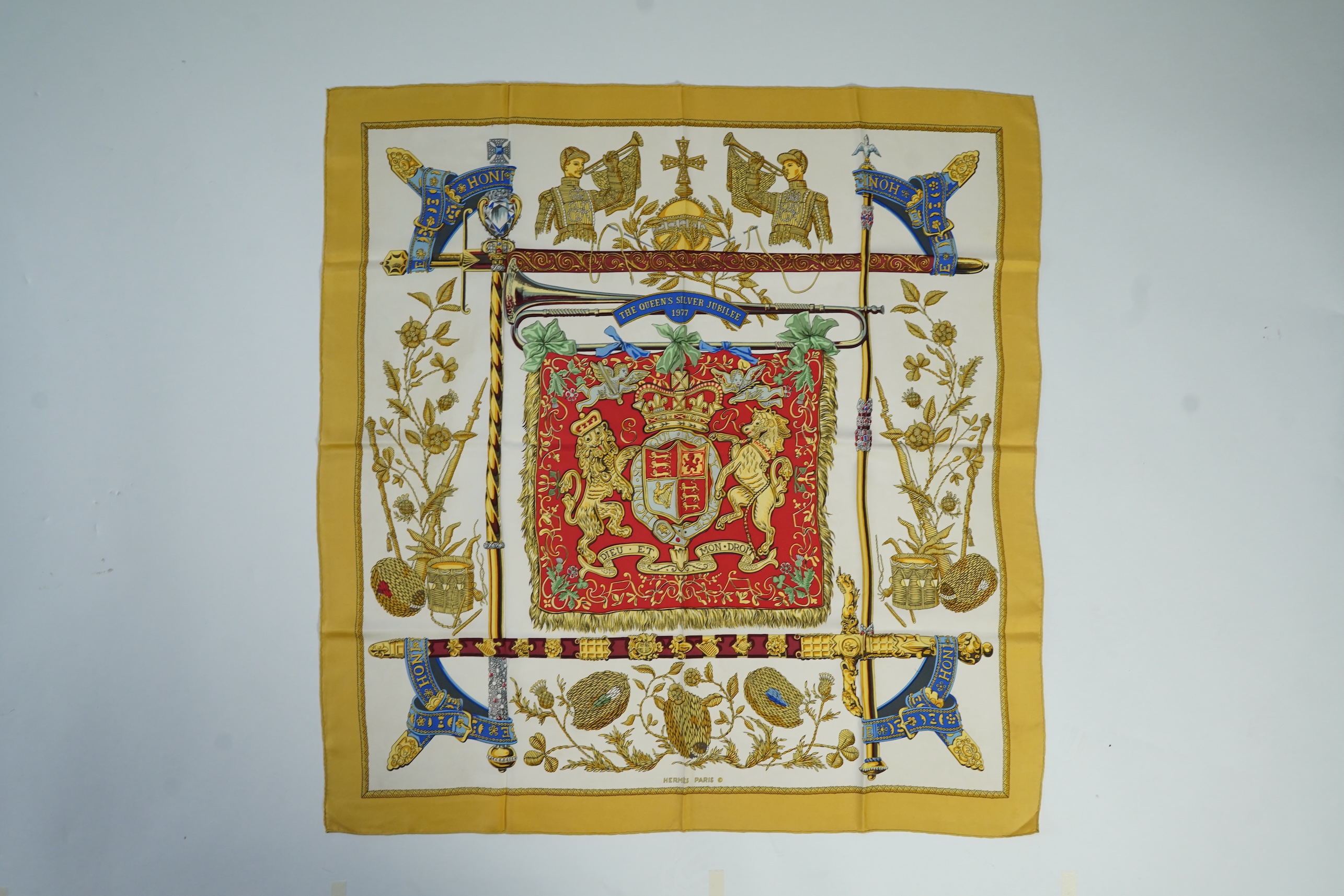 A Hermes silk The Queens Silver Jubilee silk scarf, 86 x 87cm